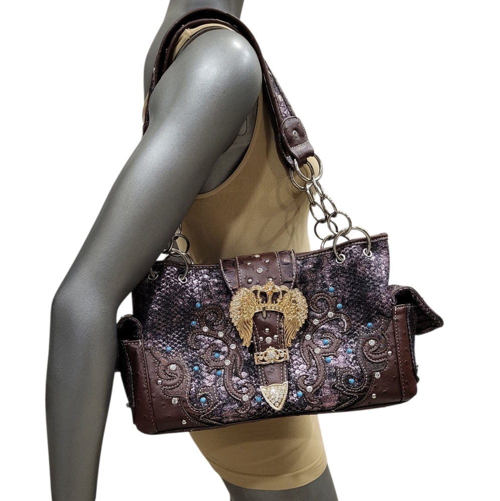 NWOT Cowgirl Trendy Elegant Brown & Gold  Embellished Women's Bag - Picture 2 of 7